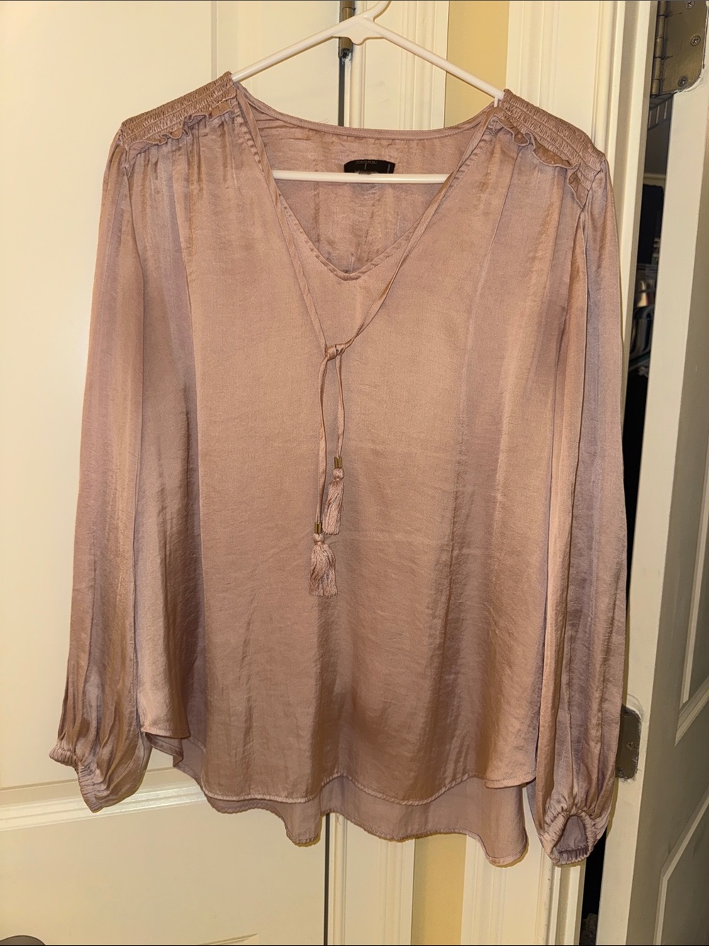 Tahari Dusty Rose V-Neck Tassel Long-Sleeve Blouse